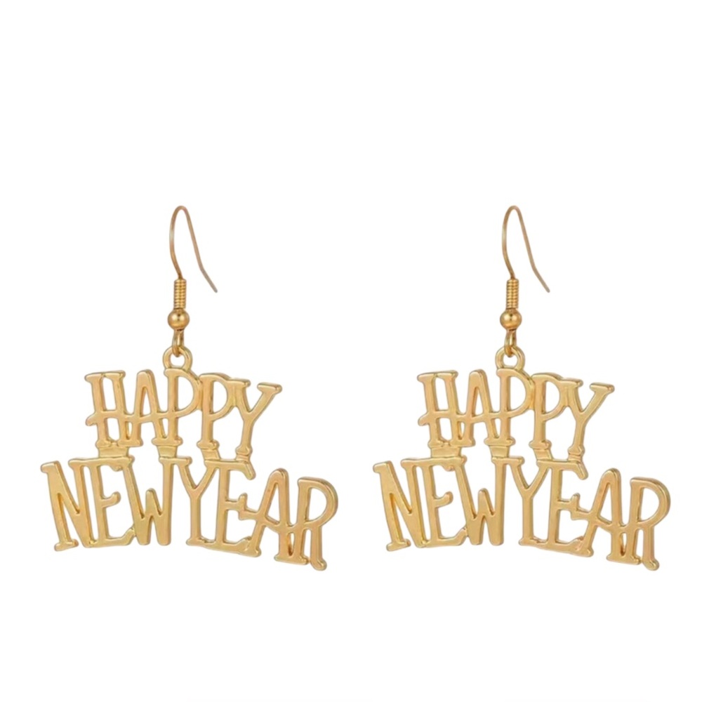 Gold Happy New Year Drop Earrings